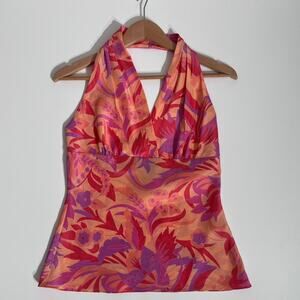 Y2K Express 100% Silk Small Floral Halter Top Orange Tropical Fairy Festival